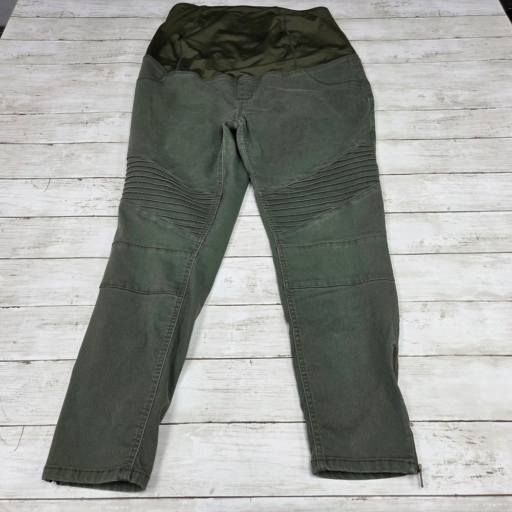 Isabel Maternity Moto Jeggings Skinny Pant Women 14 Olive Green Ribbed Ankle Zip
